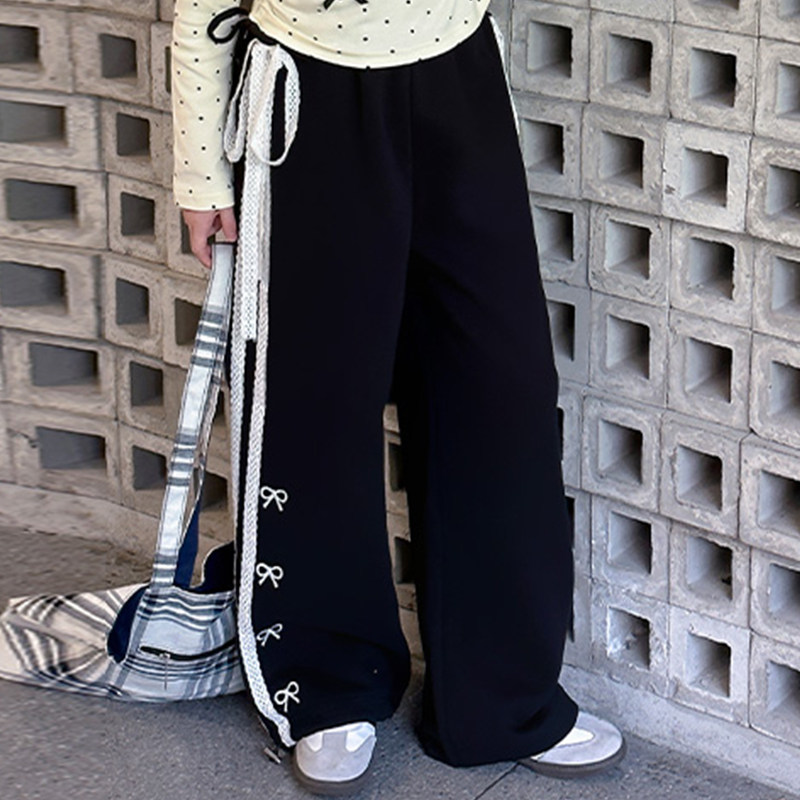 女童黑色蝴蝶结抽绳阔腿裤2026春秋中大童氧气休闲长裤宽松运动裤