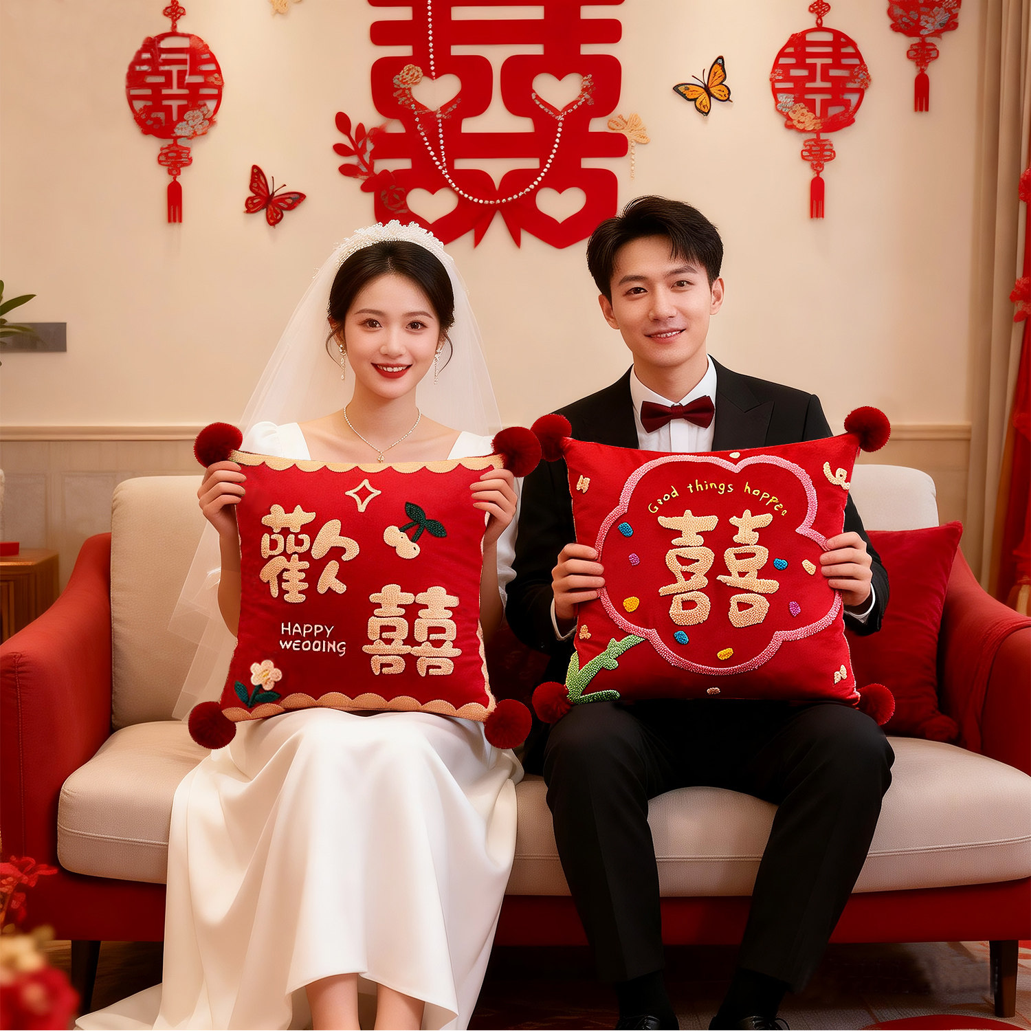 抱枕结婚客厅卧室沙发红色喜字靠垫一对婚房装饰品网红毛绒球靠枕