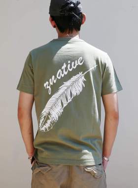znative原创阿美咔叽日系复古工装300g重磅棉大羽毛印花T恤
