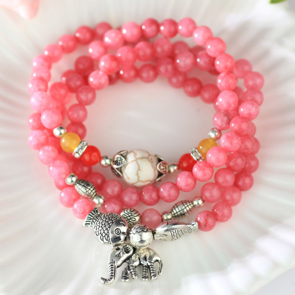 粉色石头玛瑙小象佛牌长款串珠子手链女韩版时尚多层缠绕配饰品
