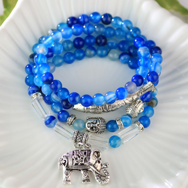 粉色石头玛瑙小象佛牌长款串珠子手链女韩版时尚多层缠绕配饰品