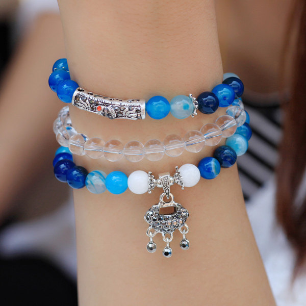 粉色石头玛瑙小象佛牌长款串珠子手链女韩版时尚多层缠绕配饰品