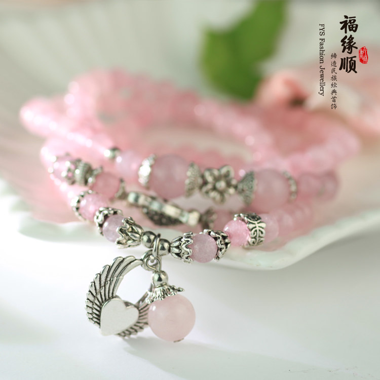 粉色石头玛瑙小象佛牌长款串珠子手链女韩版时尚多层缠绕配饰品