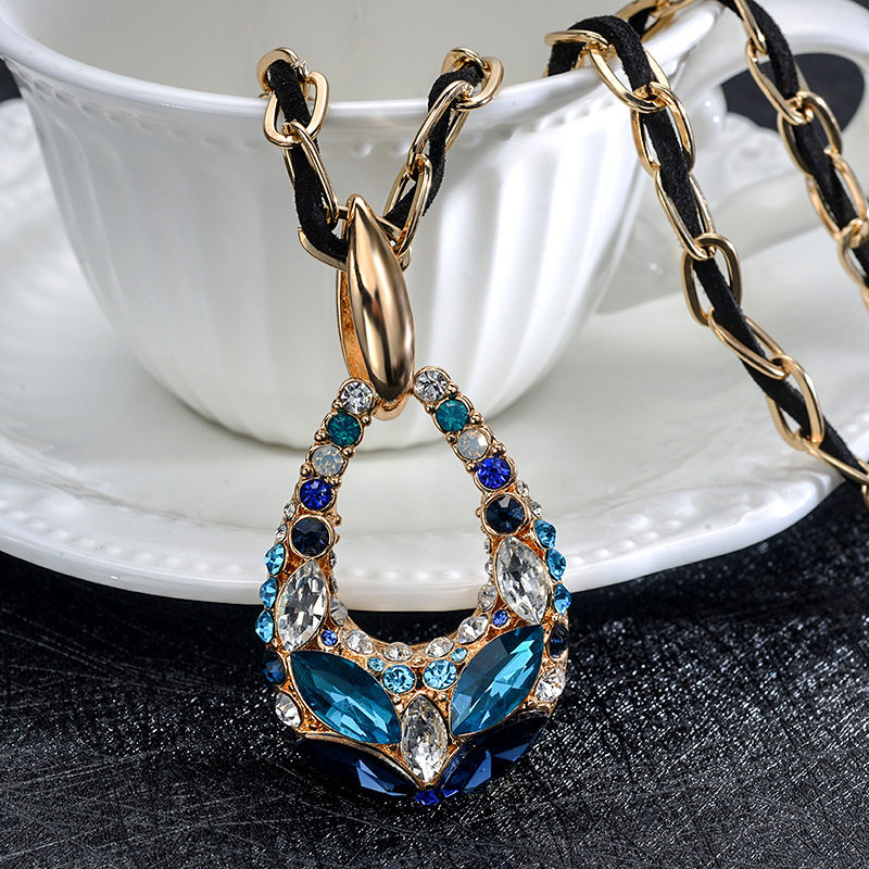 韩版炫彩长款项链女毛衣链秋冬简约百搭 时尚水晶挂链配饰品