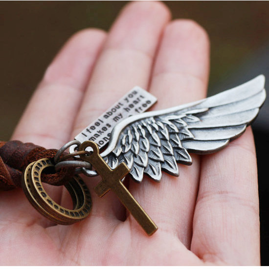 帅气男人个性复古翅膀十字架项链 真牛皮绳长款毛衣链男款配饰品