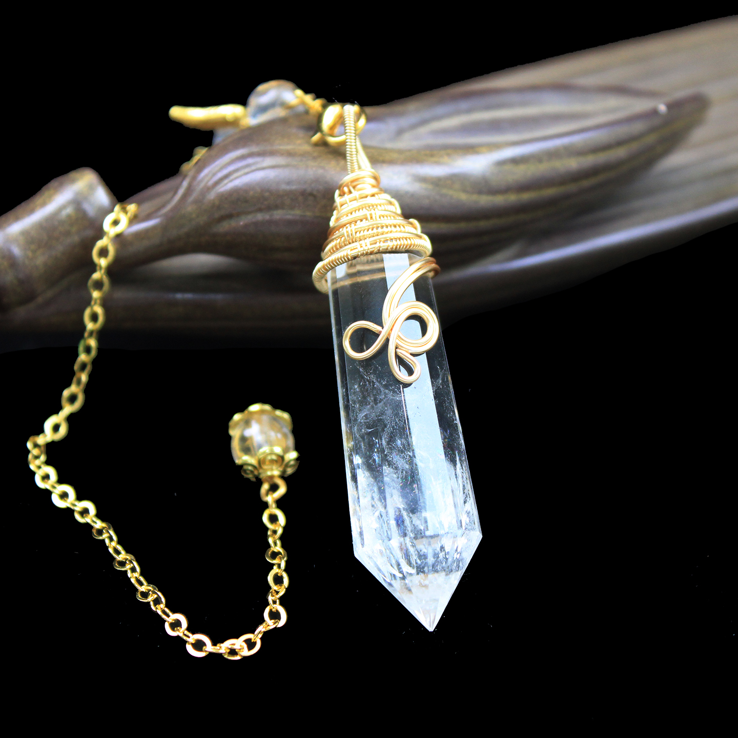 如鸿天然白水晶灵摆吊坠12面多面体手工绕线变频尾链男女饰品