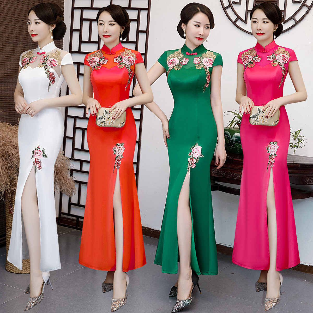 中老年模特走秀旗袍演出服女新品中国风改良短袖长款大码优雅性感