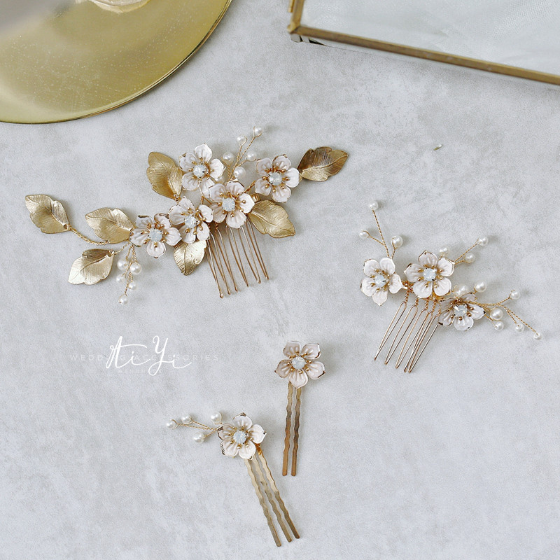aiyi原创设计复古珐琅花发梳新娘造型头饰发插欧式跟妆结婚配饰