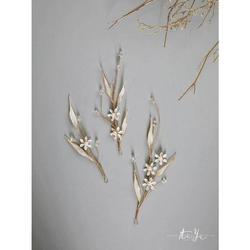 新娘风珍珠色细叶造型婚纱头饰