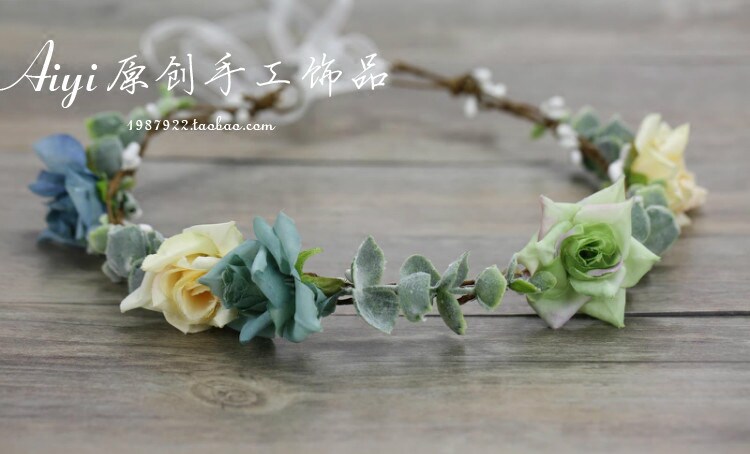 复古森系蓝绿色花环 新娘头饰 浆果发饰 森林系婚礼度假旅游饰品