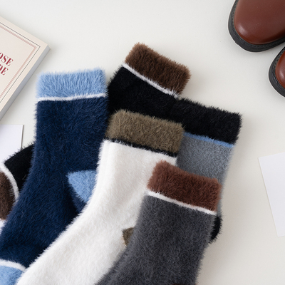水貂绒袜子男秋冬季加绒加厚保暖睡眠袜珊瑚绒毛绒中筒情侣地板袜