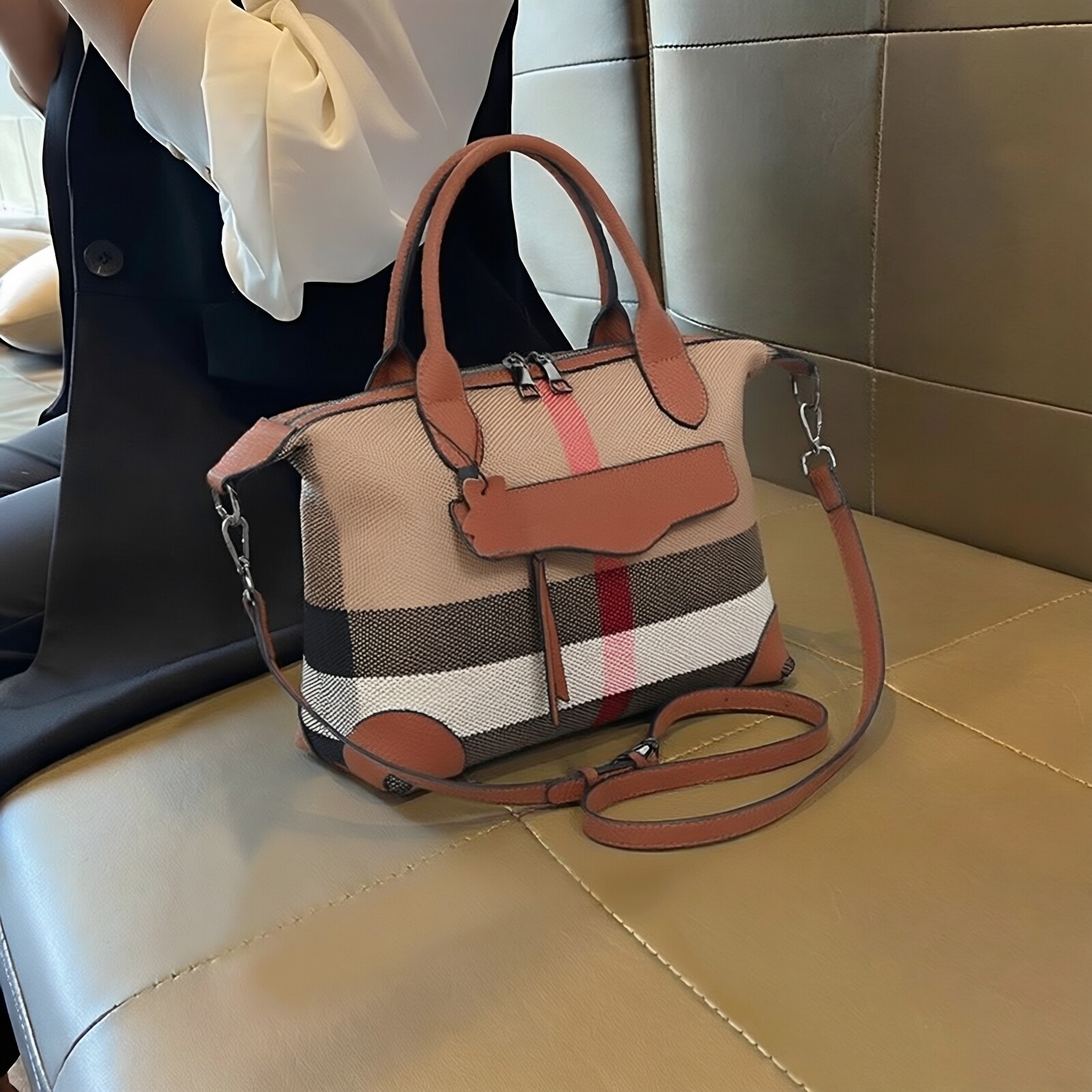 格子帆布包包女士2026新款真皮高级感大容量托特包手提单肩斜挎包