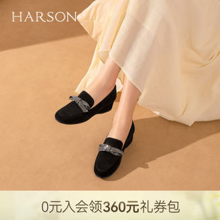 2026新款 HS269402 黑色坡跟通勤舒适百搭女鞋 哈森蝴蝶结乐福鞋