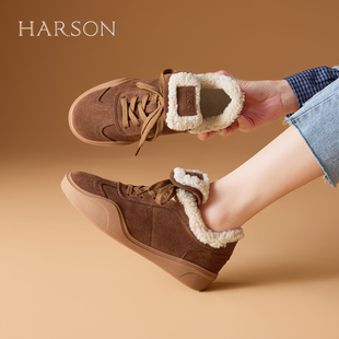 新款 子2025冬季 厚绒保暖德训鞋 毛毛鞋 哈森复古休闲鞋 加绒棉鞋 女鞋
