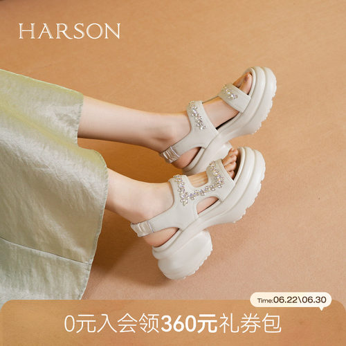 哈森仙女风厚底凉拖鞋女夏季新款水钻沙滩鞋休闲凉鞋HM258406