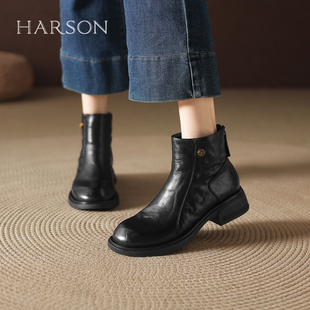 哈森复古短靴女2025秋冬季新款加绒瘦瘦靴增高女士短筒皮靴马丁靴