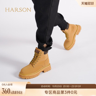 高帮单靴 马丁靴系带短筒大黄靴女士工装 HA224201 新款 哈森冬季
