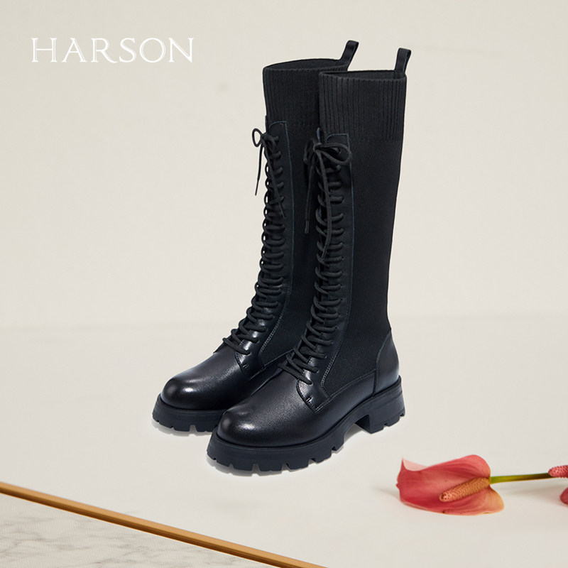 哈森冬季新款商场同款方跟圆头长靴绑带袜靴女靴HA222523