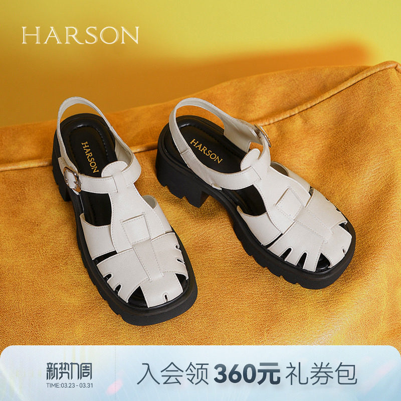 哈森复古真皮罗马鞋夏季新款编织粗跟厚底休闲凉鞋HWM250119