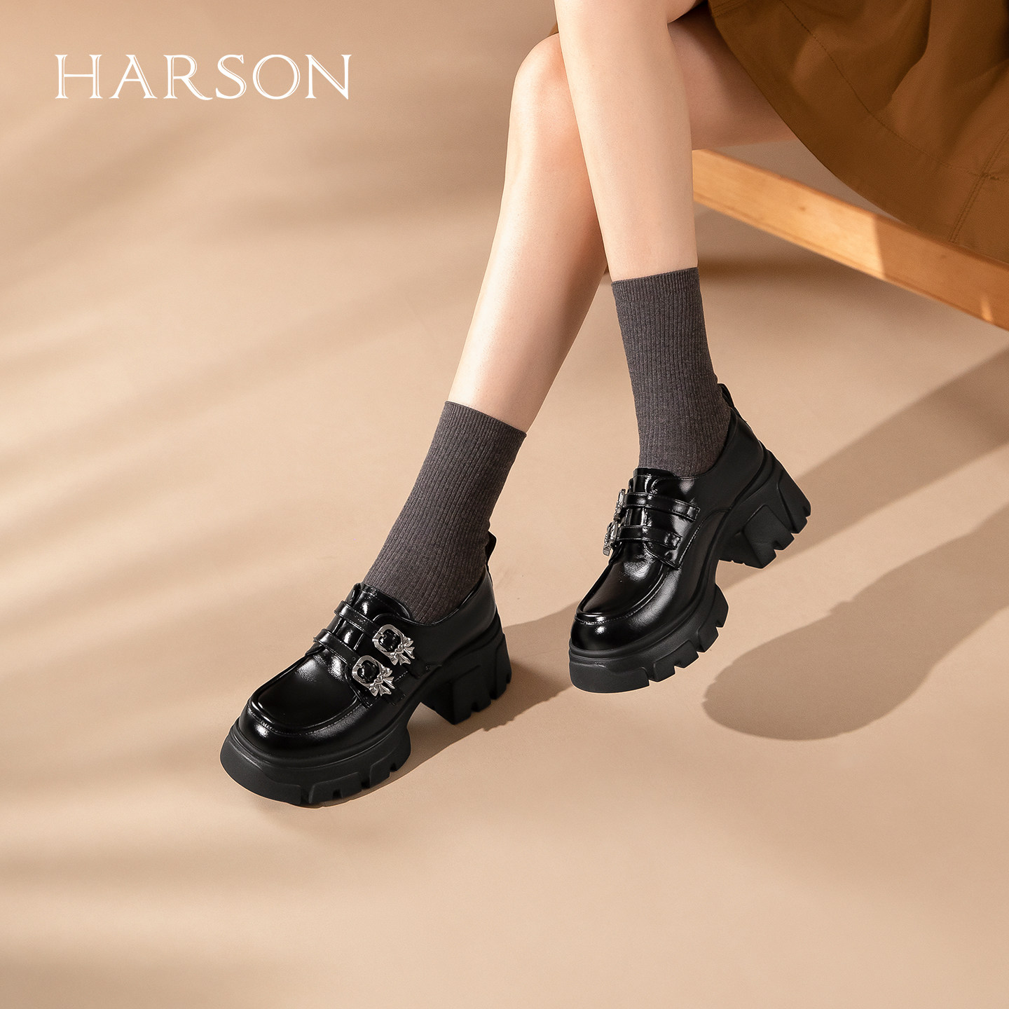 哈森黑色经典时尚厚底增高真皮乐福鞋皮鞋女2026春新款HS264113,女鞋,乐福鞋（豆豆鞋）,淘宝优惠券,粉丝福利购,淘宝优惠卷