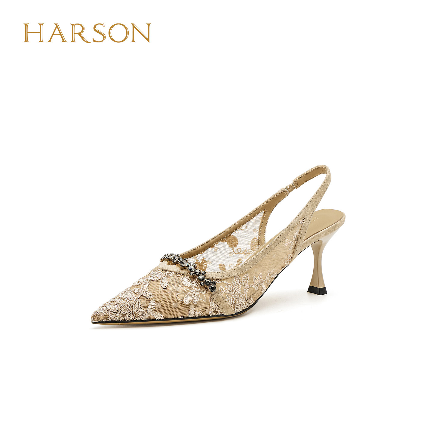 哈森优雅风网纱尖头后空凉鞋女细跟水钻高跟鞋2026新款HWM26