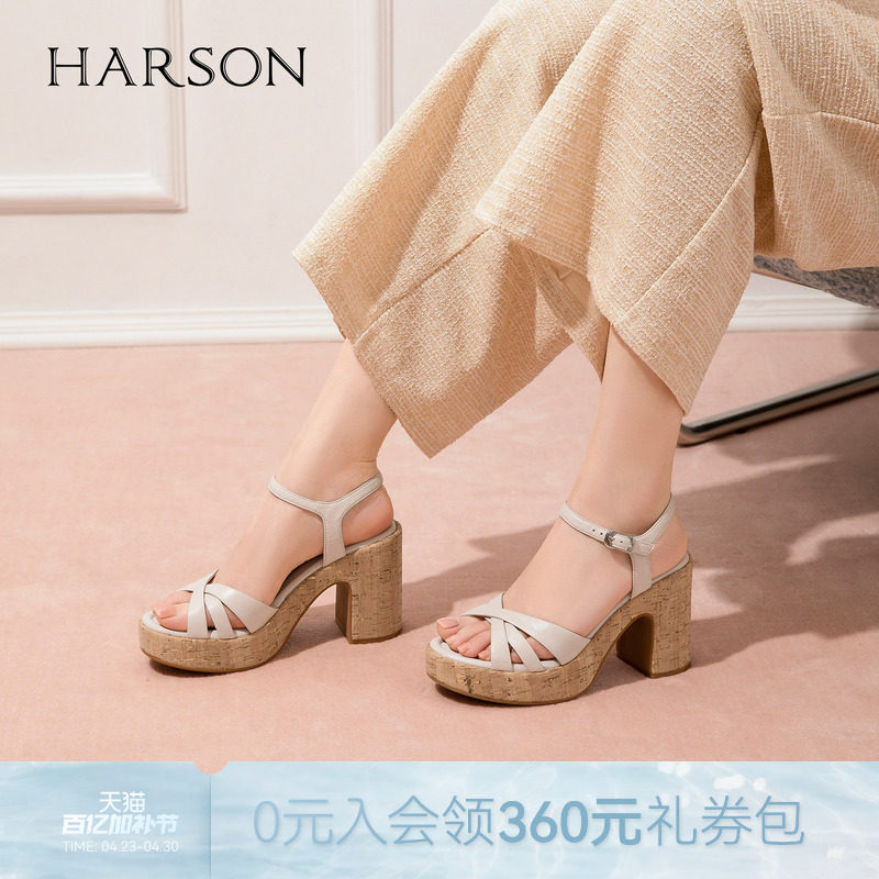 哈森时尚厚底粗跟坡跟凉鞋金属一字扣时装凉鞋2026夏新款HM267138