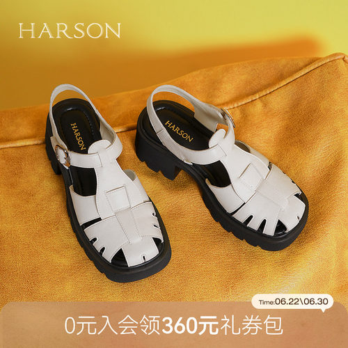 哈森复古真皮罗马鞋夏季新款编织粗跟厚底休闲凉鞋HWM250119