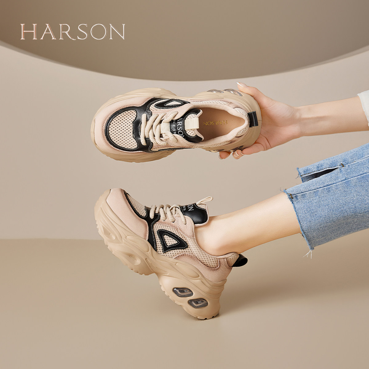 哈森复古厚底老爹鞋女2026春季新款网布透气百搭爆款运动休闲鞋