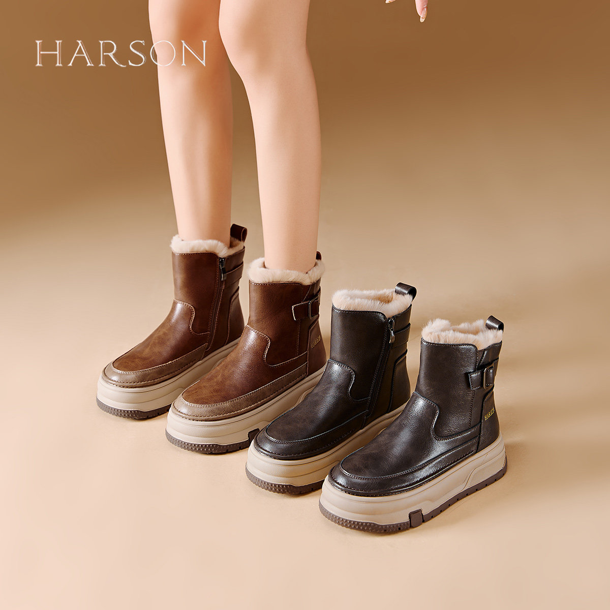 哈森【真兔毛靴口】雪地靴女2025冬季新款厚底加绒百搭保暖棉靴子