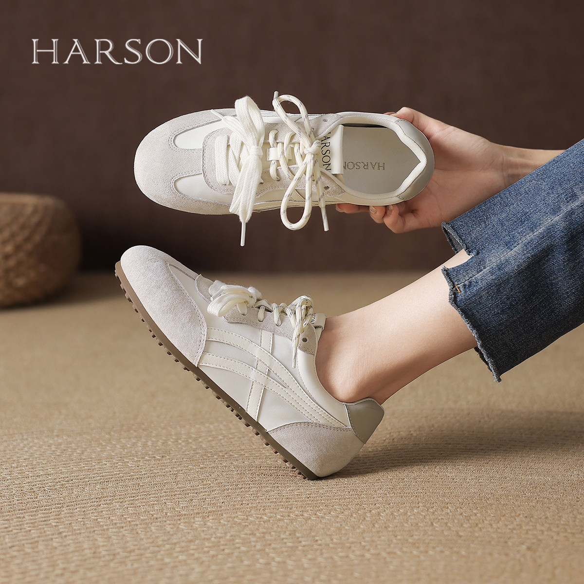 哈森复古德训鞋女2025秋季新款百搭系带休闲板鞋透气双鞋带运动鞋