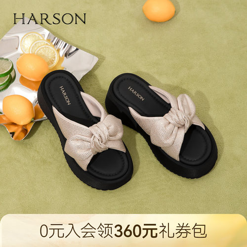 哈森舒适一字拖女夏精致蝴蝶结厚底增高时装拖鞋2026新款HM261001