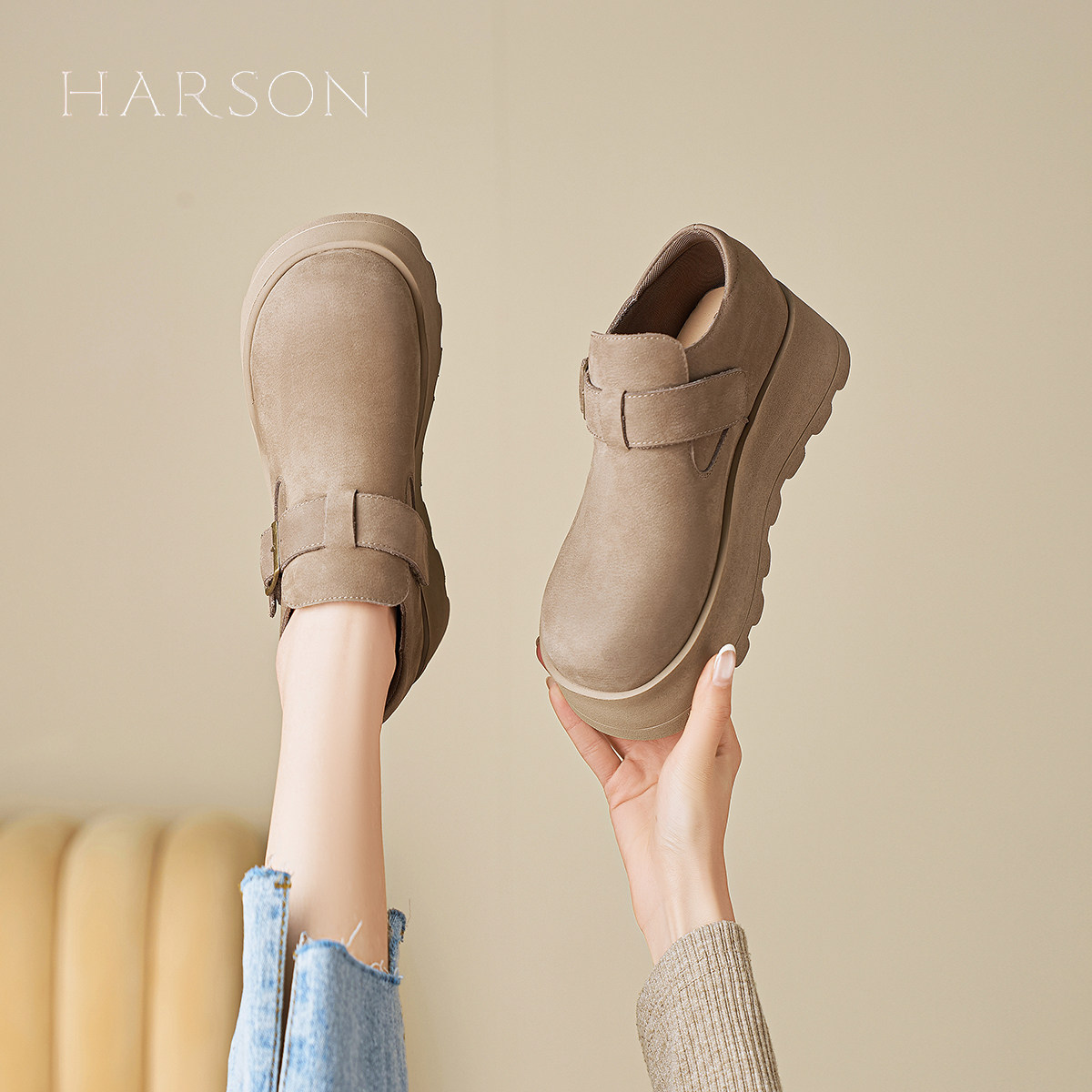 哈森厚底勃肯鞋女2026春季新款爆款一脚蹬乐福鞋百搭休闲单鞋
