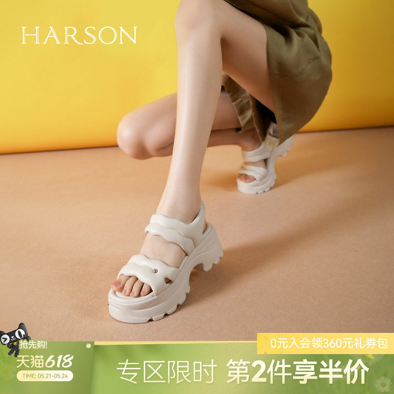 哈森真皮休闲沙滩鞋女夏季新款厚底露趾运动凉鞋HWM250121