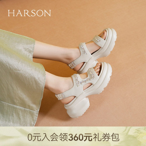 哈森仙女风厚底凉拖鞋女夏季新款水钻沙滩鞋休闲凉鞋HM258406