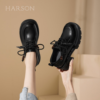 哈森头层牛皮厚底增高乐福鞋
