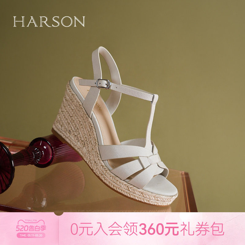 哈森时尚草编坡跟凉鞋夏季新款高跟防水台罗马凉鞋女HM257139