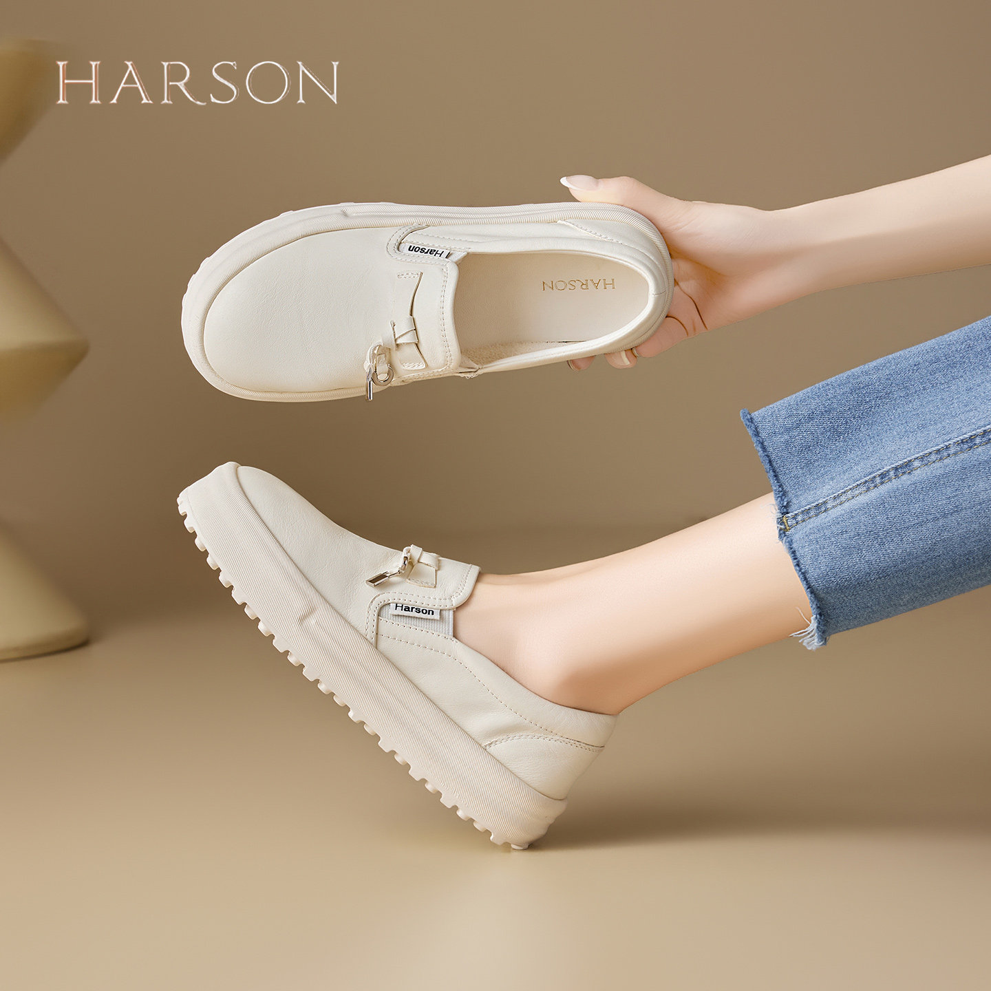 哈森厚底豆豆鞋女2026春季新款轻便复古懒人一脚蹬软底乐福鞋单鞋,女鞋,乐福鞋（豆豆鞋）,淘宝优惠券,粉丝福利购,淘宝优惠卷