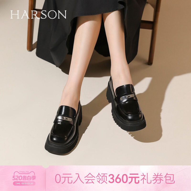哈森春季商场同款休闲粗跟方头一脚蹬懒人乐福鞋单鞋HL228801