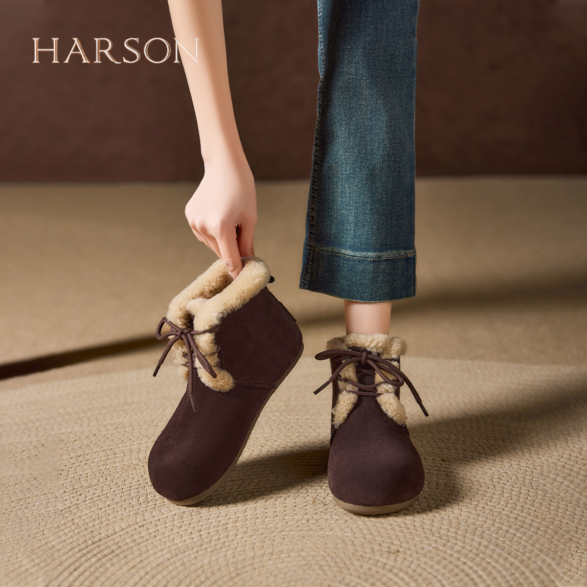 Harson/哈森冬季复古毛毛短靴女25款爆款加绒保暖雪地靴勃肯棉鞋,女鞋,时尚雪地靴,淘宝优惠券,粉丝福利购,淘宝优惠卷