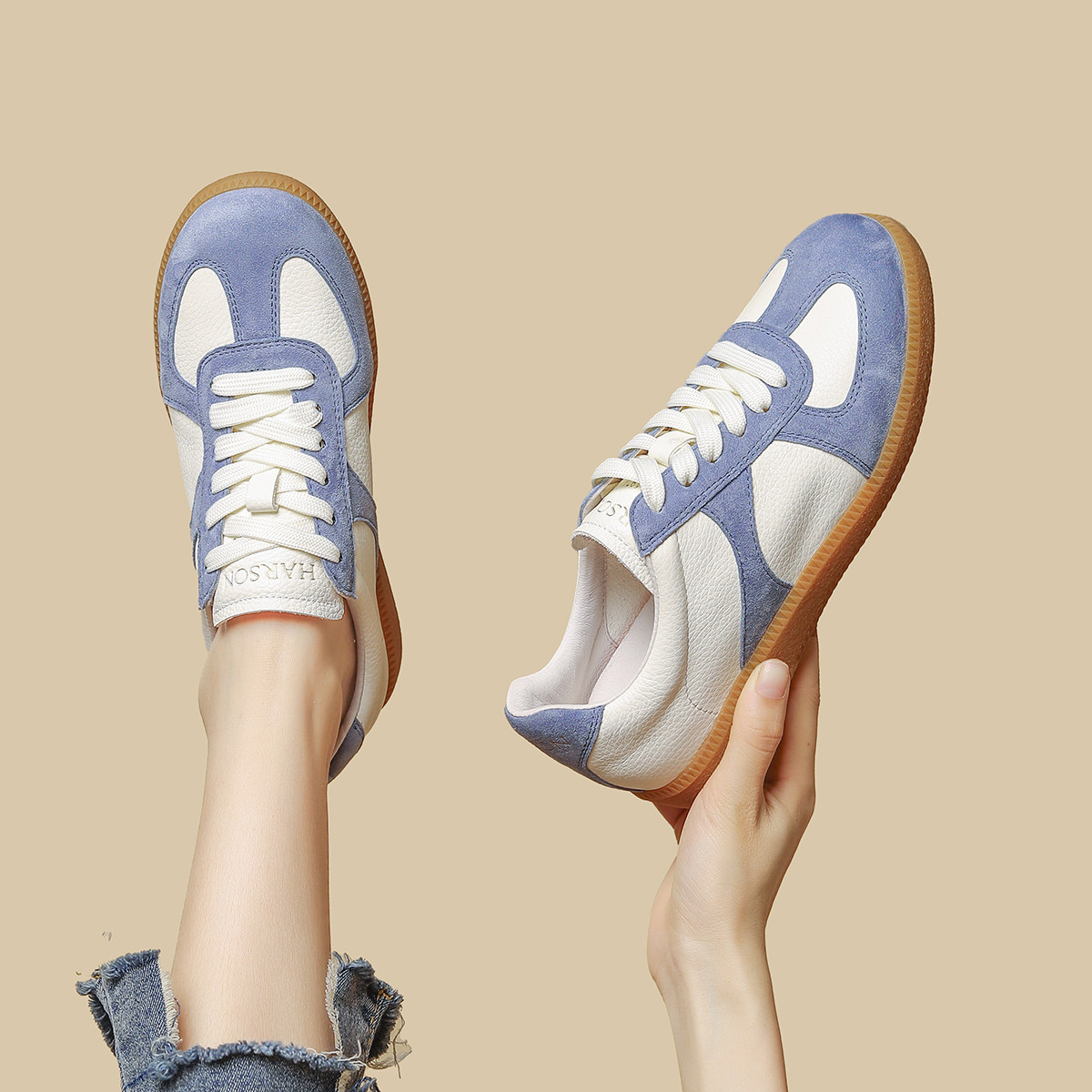 哈森真皮德训鞋女鞋子2026春季新款百搭平底舒适休闲板鞋运动鞋,女鞋,时尚休闲鞋,淘宝优惠券,粉丝福利购,淘宝优惠卷