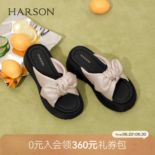 哈森舒适一字拖女夏精致蝴蝶结厚底增高时装拖鞋2026新款HM261001