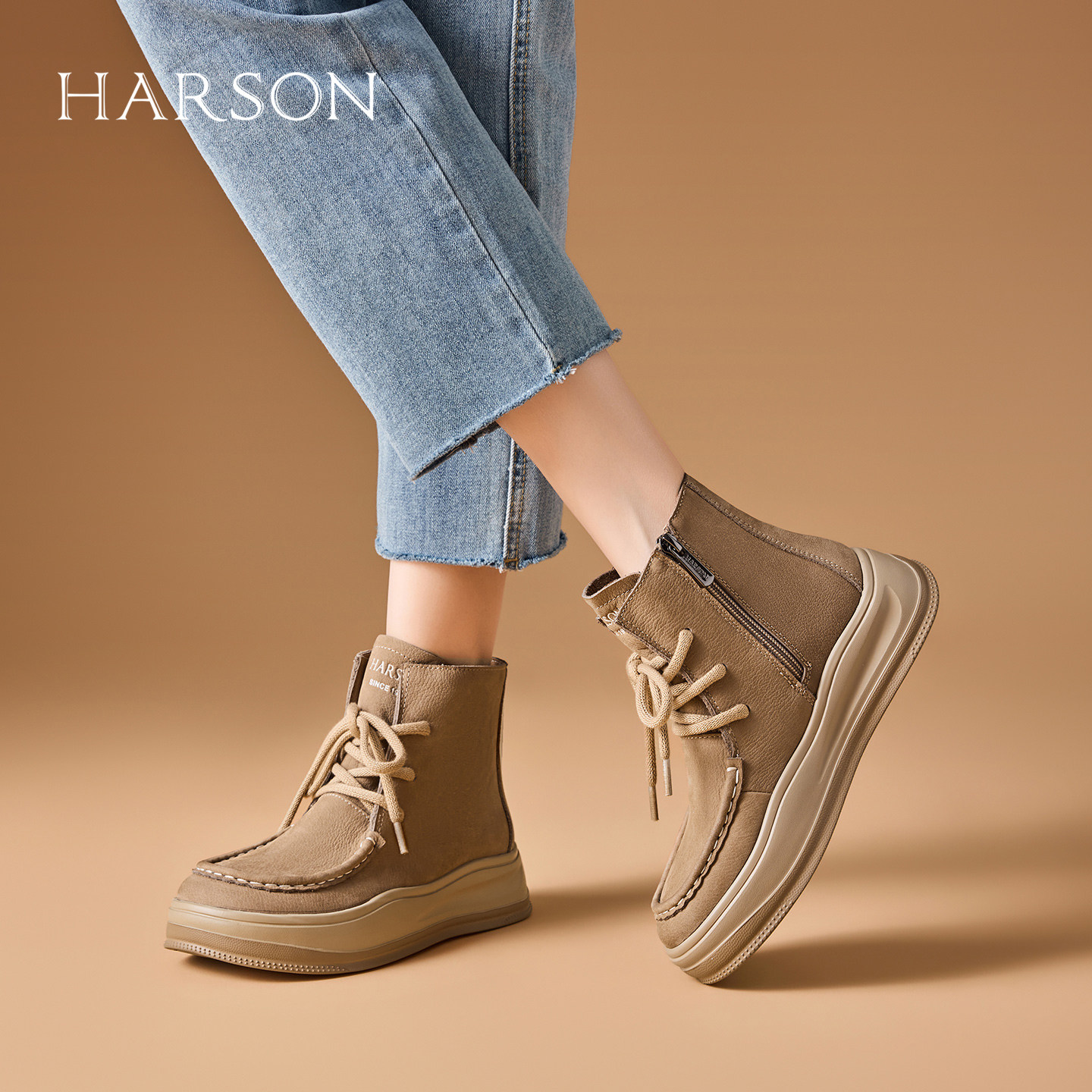 HARSON复古系带棕色女马丁短靴