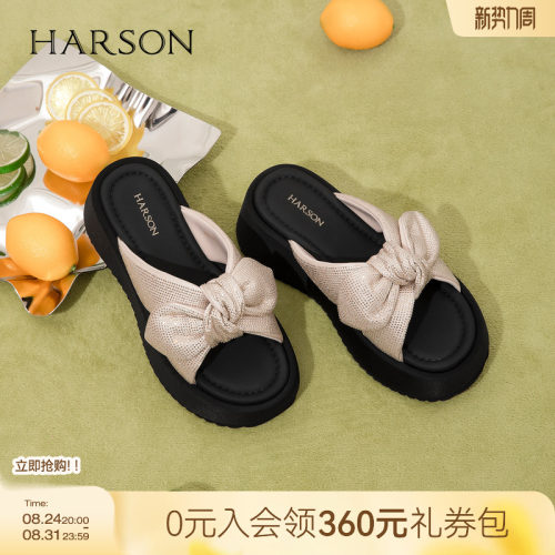 哈森舒适一字拖女夏精致蝴蝶结厚底增高时装拖鞋2026新款HM261001