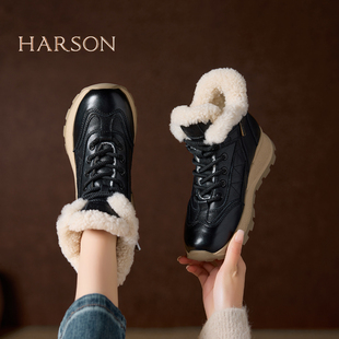 哈森户外风真皮加绒雪地靴女冬季保暖防滑厚底棉靴百搭高帮休闲鞋
