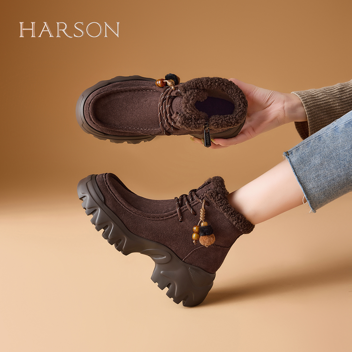 哈森加绒保暖雪地靴厚底休闲