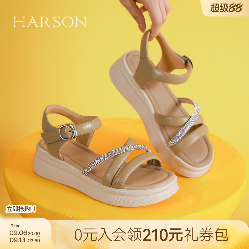 哈森真皮厚底凉鞋女夏季新款水钻一字带沙滩鞋HWM250101