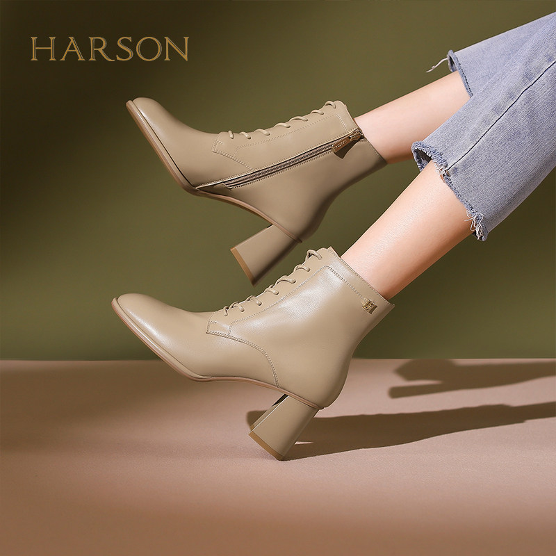 哈森法式粗跟时装靴女秋季新款单靴通勤系带软羊皮短靴HWA230125,女鞋,时装靴,淘宝优惠券,粉丝福利购,淘宝优惠卷