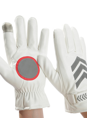 冬季白黑色保暖加绒加厚男女骑行保安门卫pu皮触屏夜间高反光手套