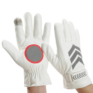 冬季 白黑色保暖加绒加厚男女骑行保安门卫pu皮触屏夜间高反光手套