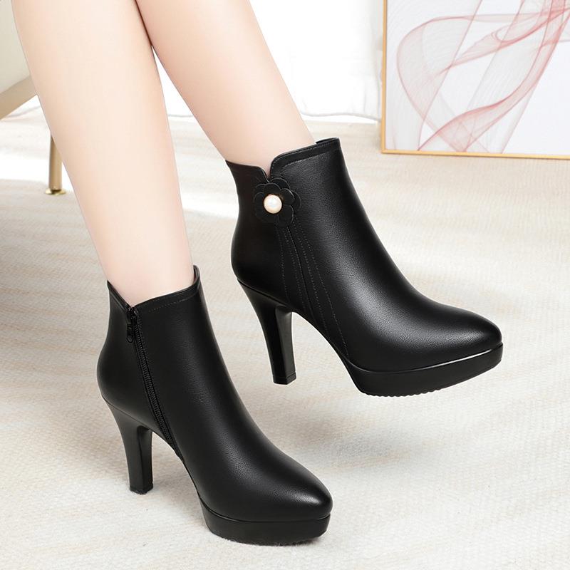 欧洲站高跟鞋女秋冬2024新款细跟短靴软皮配裙子防水台中年女士加